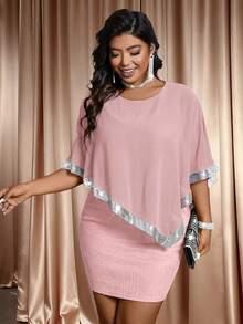 Cravure Capa con cuello redondo de talla grande con parches de gasa con lentejuelas y cuentas, cinta elegante, 2 en 1 vestido de fiesta de tela jacquard texturizada - Rosa Pálido - Ver 9