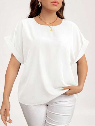 SHEIN LUNE Plus Size Solid Color Round Neck Short Sleeve Rolled Hem Loose Casual Shirt, Summer Tops White Plus Size Tops For Women Plus Plus Size Blouses White Batwing Sleeve Top White Tops For Women Plus