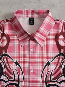 ROMWE MEN Street Life Áo sơ mi nam tay ngắn kẻ caro, dáng rộng - Đỏ - Xem 2