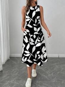 SHEIN LUNE 女士休闲印花中长连衣裙，适合春夏穿着 - 黑與白 - 查看 4