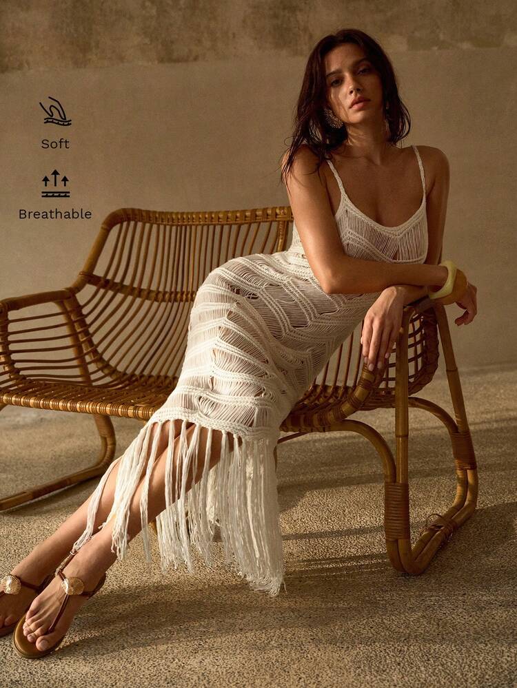 SPAGHETTI STRAP CROCHET HOLLOW OUT FLOWY TASSEL SHEER VACATION KNIT COVER UP