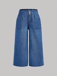 SHEIN 3pcs/Set Girls' Loose Fit Dark Blue, Medium Blue, Light Blue Denim Pants - Multicolor - View 9