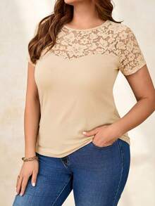 Reflora Plus Size Elegant Round Neck Contrast Lace T-Shirt - Apricot - View 3