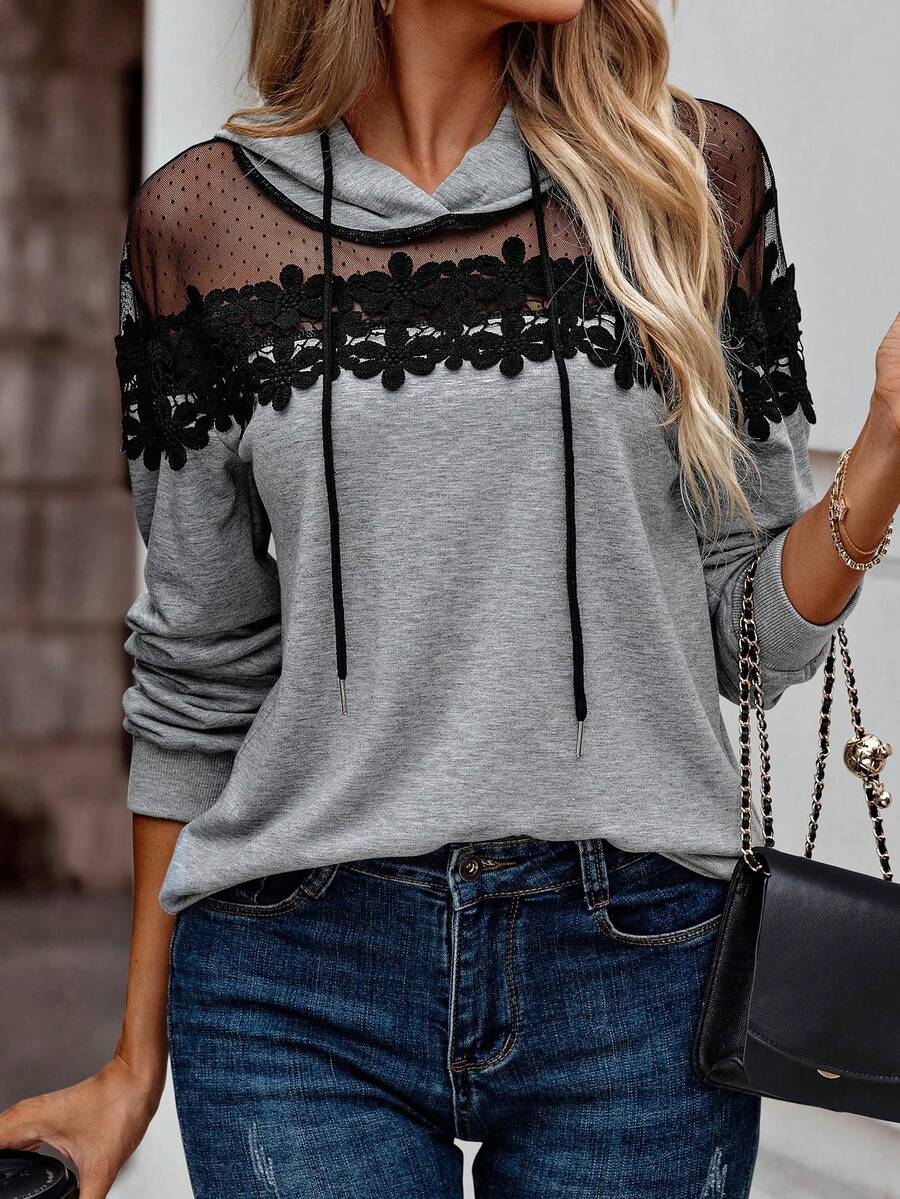 EMERY ROSE Sweat-shirt à capuche décontracté avec cordon de serrage, patchwork en dentelle et taille pour femmes grandes tailles, automne/hiver - Gris pâle - Voir 1