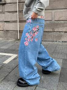 Manfinity EMRG Quần jeans ống rộng dáng suông họa tiết hoa kẻ caro phong cách đường phố dành cho nam, quần jeans thêu dành cho nam. - Rửa nhẹ - Xem 4