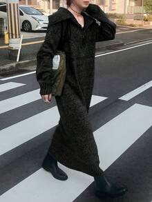FRIFUL Women's Solid Color High Neck Dropped Shoulder Long Sleeve Loose Casual Versatile Long Straight Sweater Dress, Autumn/Winter - Black - View 4