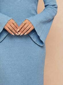 Lumalex 女士优雅性感金属装饰深V领高开衩连衣裙，夏季简约复古风，适合锐舞派对、音乐节、正式场合、秋季、夏季泳装、泳衣、度假、优雅复活节波西米亚风、海滩、户外、层次丰富的婚礼季、宴会、成人礼、海滩、海边、金属装饰深V领喇叭长袖修身条纹印花连衣裙，适合女士生日、休闲长裙、带袖长裙、钩针连衣裙、条纹连衣裙、独特连衣裙、邮轮晚宴连衣裙 - 藍色 - 查看 7