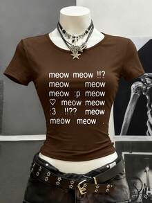 SHEIN 复古朋克风字母印花短袖T恤，Y2K哥特风上衣，街头嘻哈风上衣，90年代女装 - 咖啡棕 - 查看 4