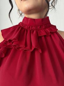 Elenzga Red Plain Cold Shoulder Sleeveless Plus Size Top With Ruffle Stand Collar Elegant Blouse - Red - View 6