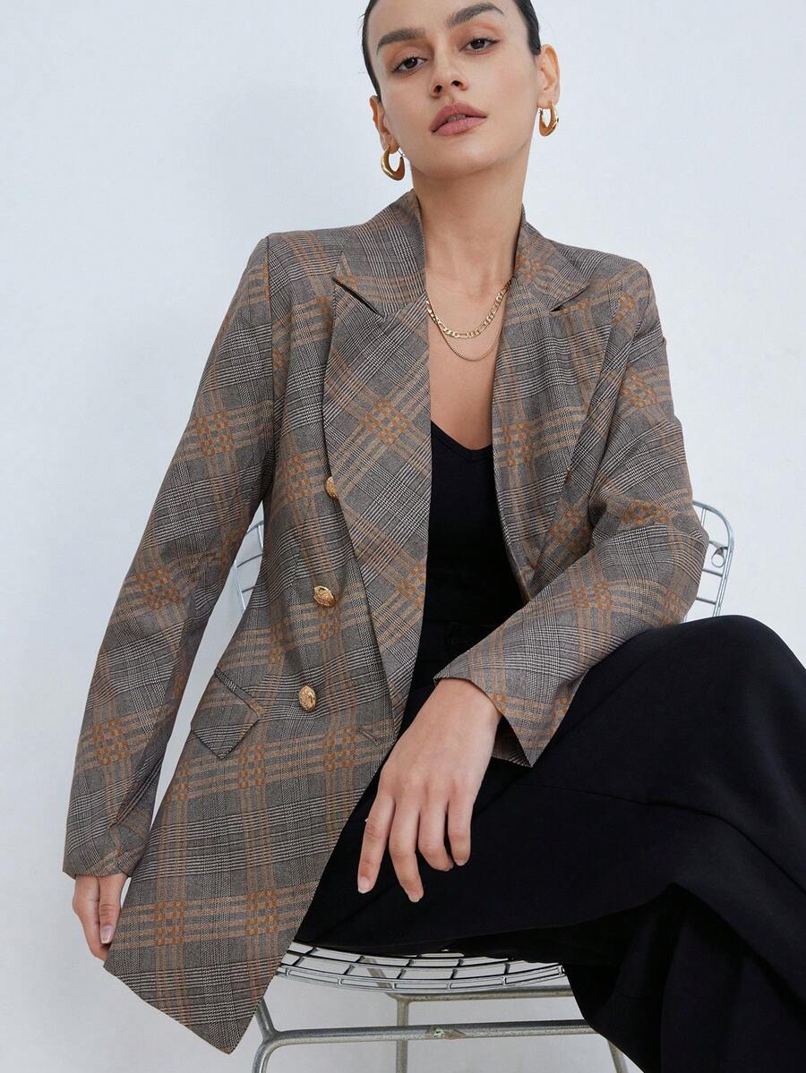 Aveloria Modichic Nouvelle veste blazer élégante et chic à carreaux gris-jaune, ambiance rétro décontractée, convient pour le trajet, les rendez-vous, les sorties du week-end - Multicolore - Voir 1