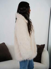 SAYEHFBABY 女式厚款宽松翻领仿皮草大衣，带口袋，秋冬 - 杏色 - 查看 5