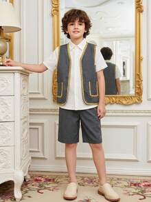 Vacaura 3 Stücke/Set Jungen Lässiger Outfit mit Blumenverzierung, bestehend aus weißem Hemd und Shorts, geeignet für formelle Anlässe, Schule, Outdoor - Verschiedenfarbig - Übersicht 1