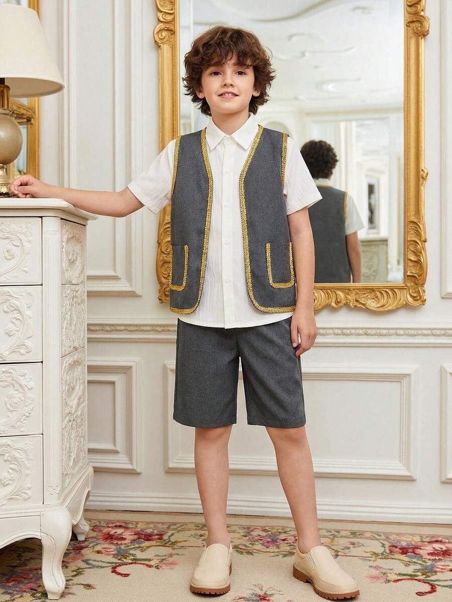 Vacaura 3 Stücke/Set Jungen Lässiger Outfit mit Blumenverzierung, bestehend aus weißem Hemd und Shorts, geeignet für formelle Anlässe, Schule, Outdoor - Verschiedenfarbig - Übersicht 1