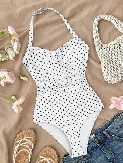 SHEIN Teen Girl Polka Dot Halter Ruched Bow Decor Fashionable Resort Beach Jumpsuit Swimsuit