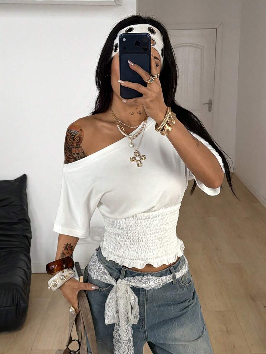 Coolane Women's Spring/Summer Minimalist Y2K Chic Basic Daily Wear Casual Back To School Streetwear Summer Holiday Outfits Stretchy Waist-Cinched Loose Long Sleeve Off Shoulder Crop Tees,White Top - White - View 1