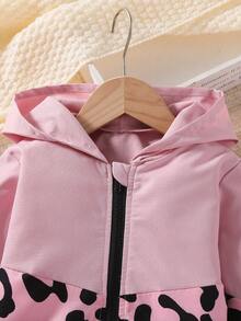 SHEIN 年轻女孩豹纹长袖连帽拉链休闲夹克，秋冬