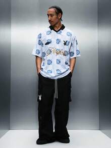 PLAYBOY X SUMWON Polo à manches courtes avec motif à carreaux, jersey de football pour hommes, avec logo. Top de sport casual - Bleu azur - Voir 3