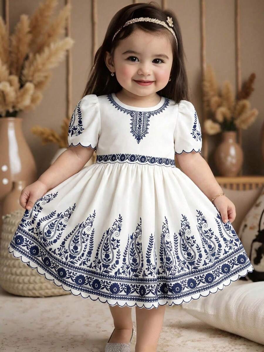 Váy dài tay bồng màu xanh trắng thanh lịch cho bé gái sơ sinh và trẻ mới biết đi từ 0-3 tuổi, mùa xuân/hè - trắng - Xem 1