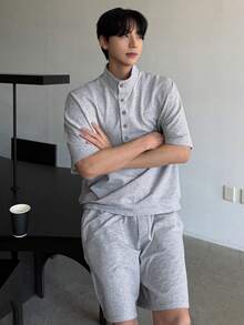 DAZY Men's Loose Gray Button-Up Half Placket T-Shirt Set, Summer - Grey - View 4