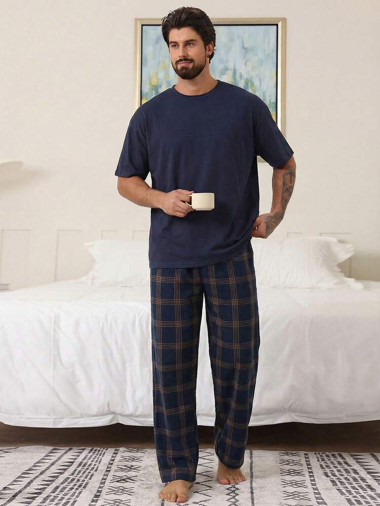 Multi-Color Short Sleeve T-Shirt And Pants Men's Pajama Set, Spring/Summer