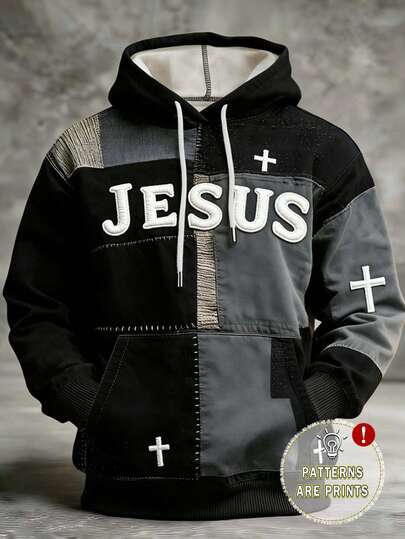 INAWLY 男士艺术复古拼接印花连帽衫，色彩鲜艳，穿着舒适，耶稣十字架信仰图案长袖卫衣，适合日常穿着