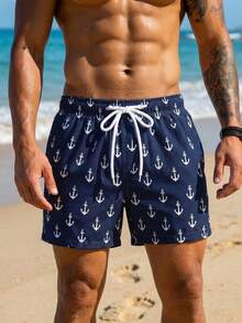 Manfinity Swimmode Men's Casual Printed Beach Shorts Suitable For Holidays, Versatile Men Beachwear Navy Blue Swim Trunks Swim Trunks With Anchor Print Men Swim Trunks Men Beach Shorts Mens Beachwear Anchor Print Swim Shorts Mens Swim Trunks Anchor Print Swim Trunks - Multicolor - View 3