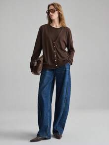 Ontre 女士棕色舒适柔软纱线二合一设计前开襟毛衣，现代都市休闲商务风，低调复古，高品质通勤机场休闲毛衣上衣，舒适柔软针织开衫，秋冬季四季必备单品 - 棕色 - 查看 5