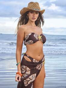 Swim Vcay 3pcs Women Boho Shell Metal Buckle Swimsuit Set With Cover-Up, Brown - Brown - View 5