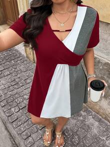 SHEIN LUNE Plus Size Women's Contrast Color Button Design Short Sleeve Casual Dress Block Patch Work Summer Curve Patchwork Dresses - Burgundy - View 6