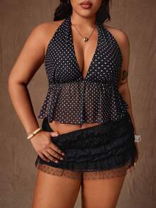 Rustia Plus Size Fashionable Sheer Deep V Polka Dot Spaghetti Strap Backless Camisole - Black and White - View 2
