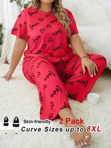 SHEIN CURVE+ Conjunto de pijama de talla grande con estampado de fresa y corazón, ropa de estar en casa casual para el Día de San Valentín - Rosa Fucsia - Ver 8