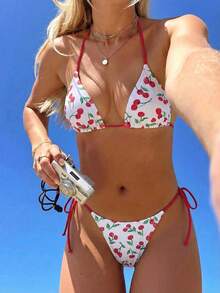 Swim Mod 夏季海灘女士櫻桃印花露肩頸單品比基尼套裝 - 彩色 - 查看 1