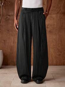 AKNOTIC 男士休闲通勤条纹锥形西装裤 - 黑色 - 查看 3