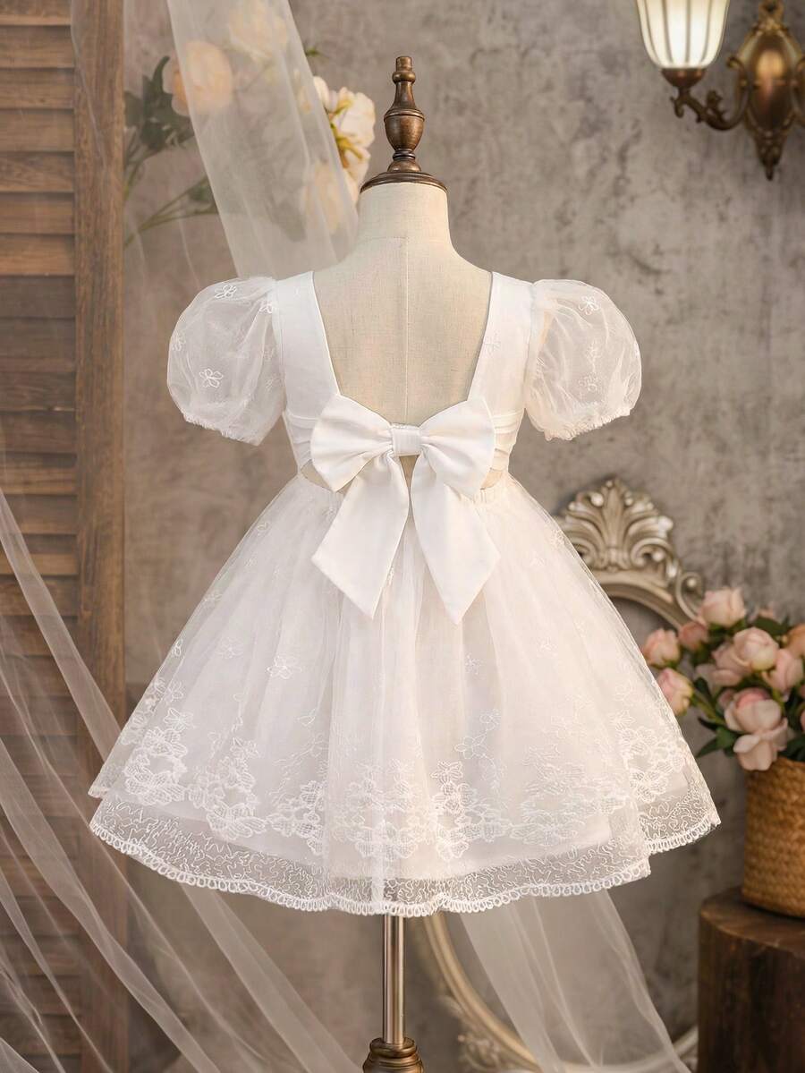 少女优雅可爱夏季网纱刺绣图案短袖连衣裙 - 白色 - 查看 1