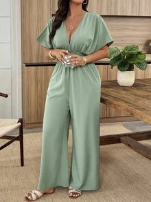Weeklong Plus Size Women's Spring/Summer Sleeveless Pleated Waist Loose Top Tight Jumpsuit, Casual & Office Wear - Mint Green - View 6
