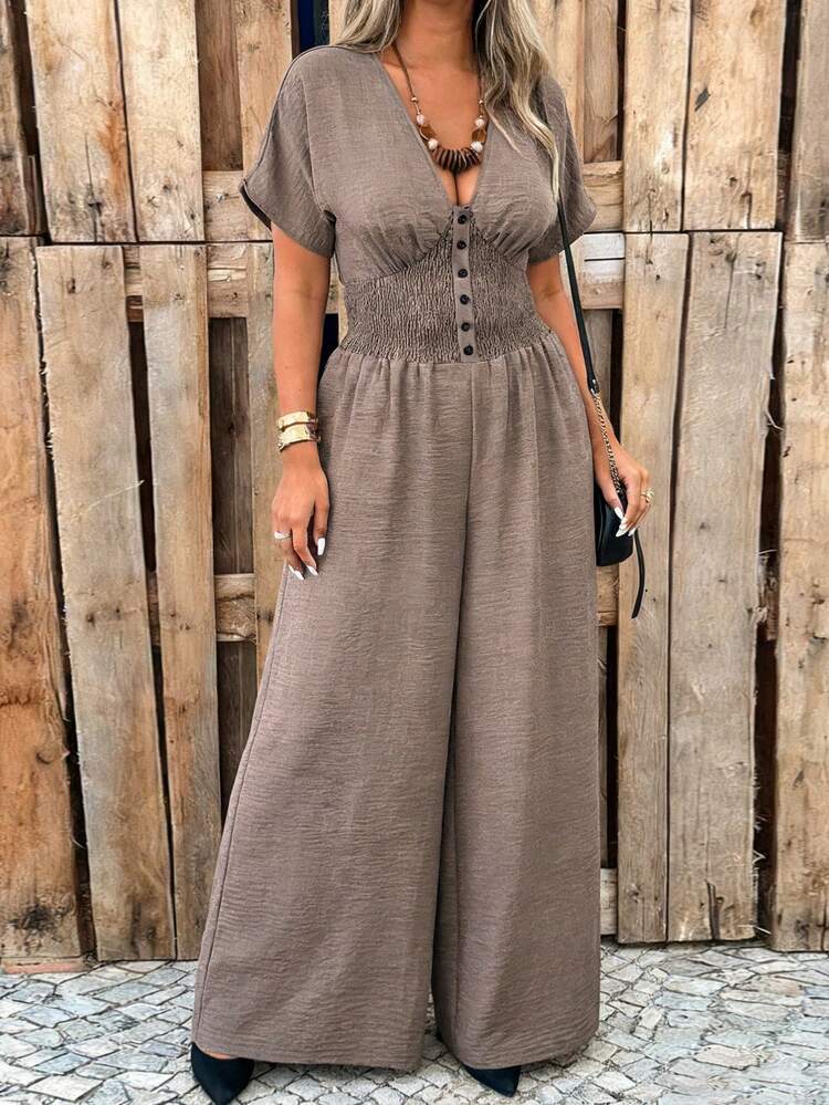 Weeklong Mono de manga de murciélago con fruncido para mujer talla grande, con botón a presión en la cintura, informal - Marrón - Añade 5