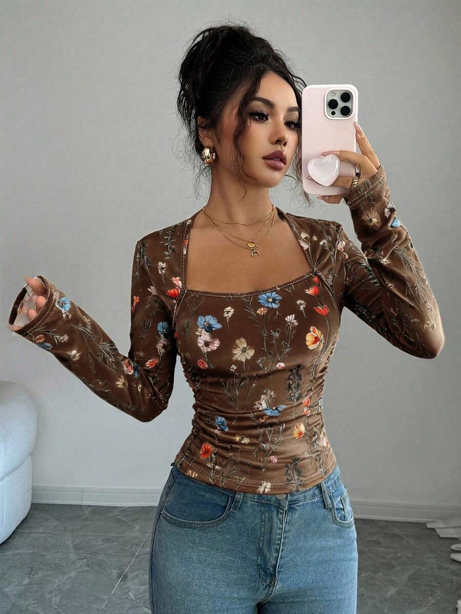 Elenzga 女士优雅 U 领花卉印花褶皱腰长袖 T 恤上衣，适合女性日常生活、派对、通勤、秋冬季 - 棕色 - 查看 1