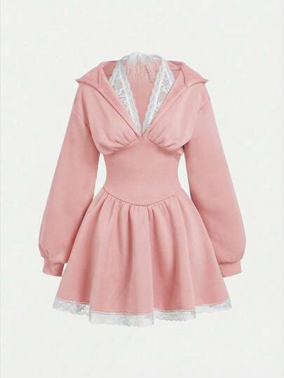 SHEIN MOD Plus Size Women Contrast Lace Drop Shoulder Long Sleeve Hooded Sweatshirt Dress