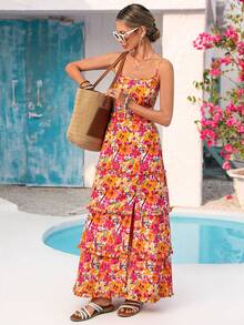 Vivid Eden 女士夏季度假印花荷叶边吊带连衣裙 - 粉色 - 查看 2