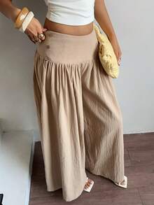 Siren Gaze 女士纯色高腰纽扣设计宽松阔腿裤 - 卡其色 - 查看 8