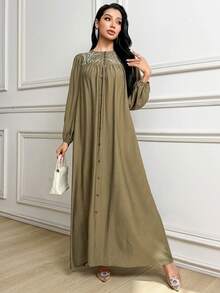 Veilorie 女士保守休闲串珠刺绣阿拉伯风格连衣裙 - 軍綠色 - 查看 4