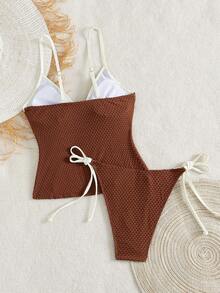 Swim Mod Women's Spring/Summer Beach Music Festival Textured Fabric V-Neck Knot Tie Cute Style Tankini Set - Coffee Brown - View 2