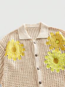 ROMWE MEN Men's Summer Vacation Style Hollow Sunflower Short Sleeve Cardigan Knit Sweater - Apricot - View 2