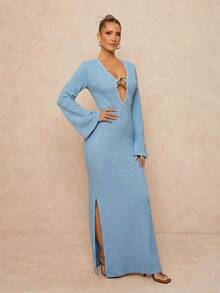 Lumalex 女士优雅性感金属装饰深V领高开衩连衣裙，夏季简约复古风，适合锐舞派对、音乐节、正式场合、秋季、夏季泳装、泳衣、度假、优雅复活节波西米亚风、海滩、户外、层次丰富的婚礼季、宴会、成人礼、海滩、海边、金属装饰深V领喇叭长袖修身条纹印花连衣裙，适合女士生日、休闲长裙、带袖长裙、钩针连衣裙、条纹连衣裙、独特连衣裙、邮轮晚宴连衣裙 - 藍色 - 查看 8