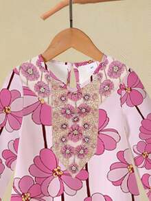 1pc 4-7 Years Old Girls Toddler Middle Eastern Style Floral Digital Print + Embroidery Trim Loose Long Sleeve Dress, Casual Versatile For Daily Wear/Party, Spring/Summer/Autumn Pink Modest Dress Flower Girl Dress Pink Floral Print Abaya Sets Girls Girl Long Sleeve Dress - Multicolor - View 6