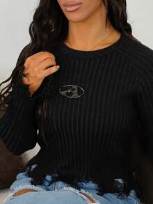 SAYEHFBABY 秋冬做旧针织插肩袖毛衣、长袖上衣 - 黑色 - 查看 3