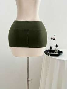 Elamini Women's Waist Buckle Design Bodycon Denim Mini Skirt - Army Green - View 2