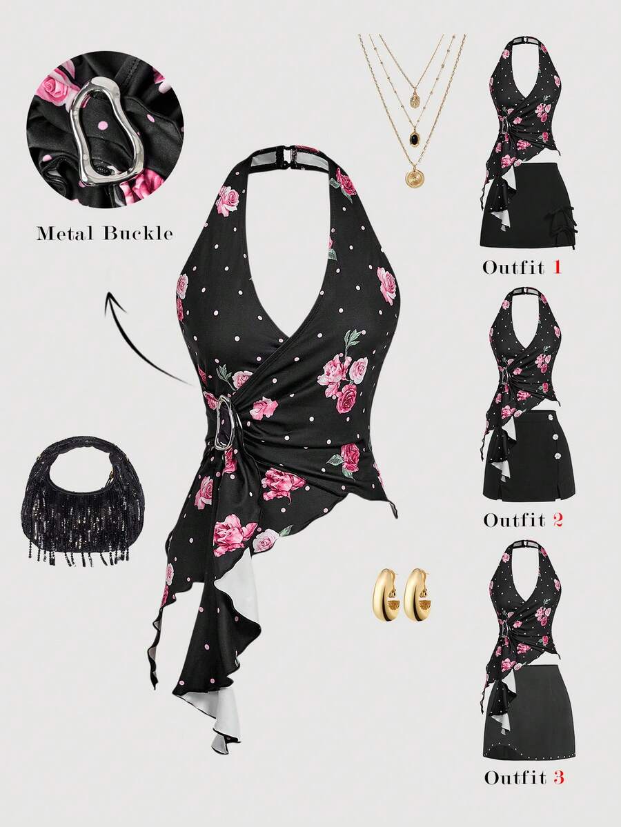 SHEIN MOD Áo tank top nữ in hoa, kiểu cổ yếm, thích hợp cho mùa hè, ngày Valentine, trang phục lễ hội, đi biển, kỳ nghỉ, hẹn hò, đi chơi, kiểu cổ yếm, in hoa hồng, phong cách thập niên 70, retro, vintage. - màu đen - Xem 1