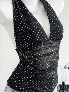 Elamini 女士黑色波点露背修身上衣，适合野餐、约会和休闲穿着 - 黑色 - 查看 5