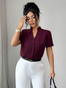 Elenzga Blusa minimalista de mujer de unicolor, de manga corta, cuello alto y hombros regulares - Burdeos - Ver 6